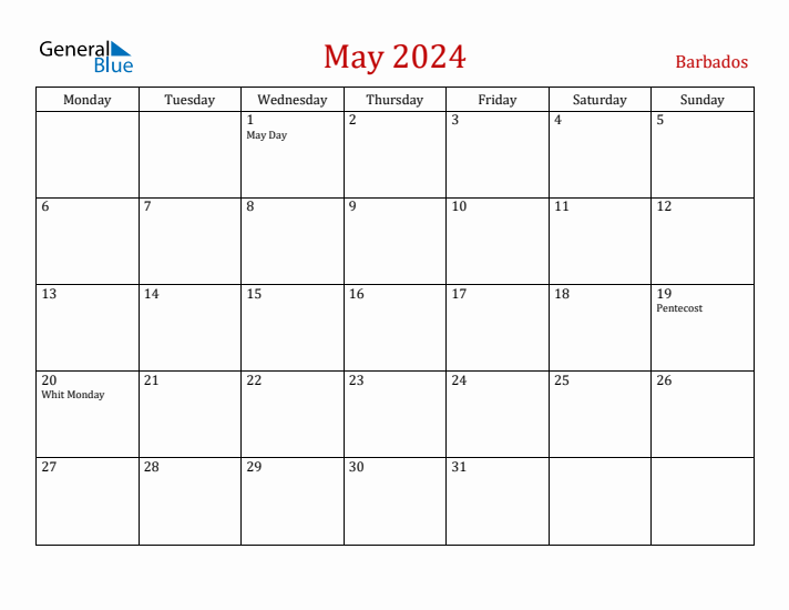 Barbados May 2024 Calendar - Monday Start
