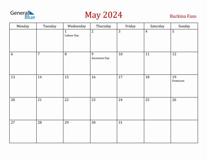 Burkina Faso May 2024 Calendar - Monday Start