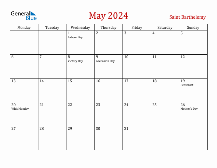 Saint Barthelemy May 2024 Calendar - Monday Start