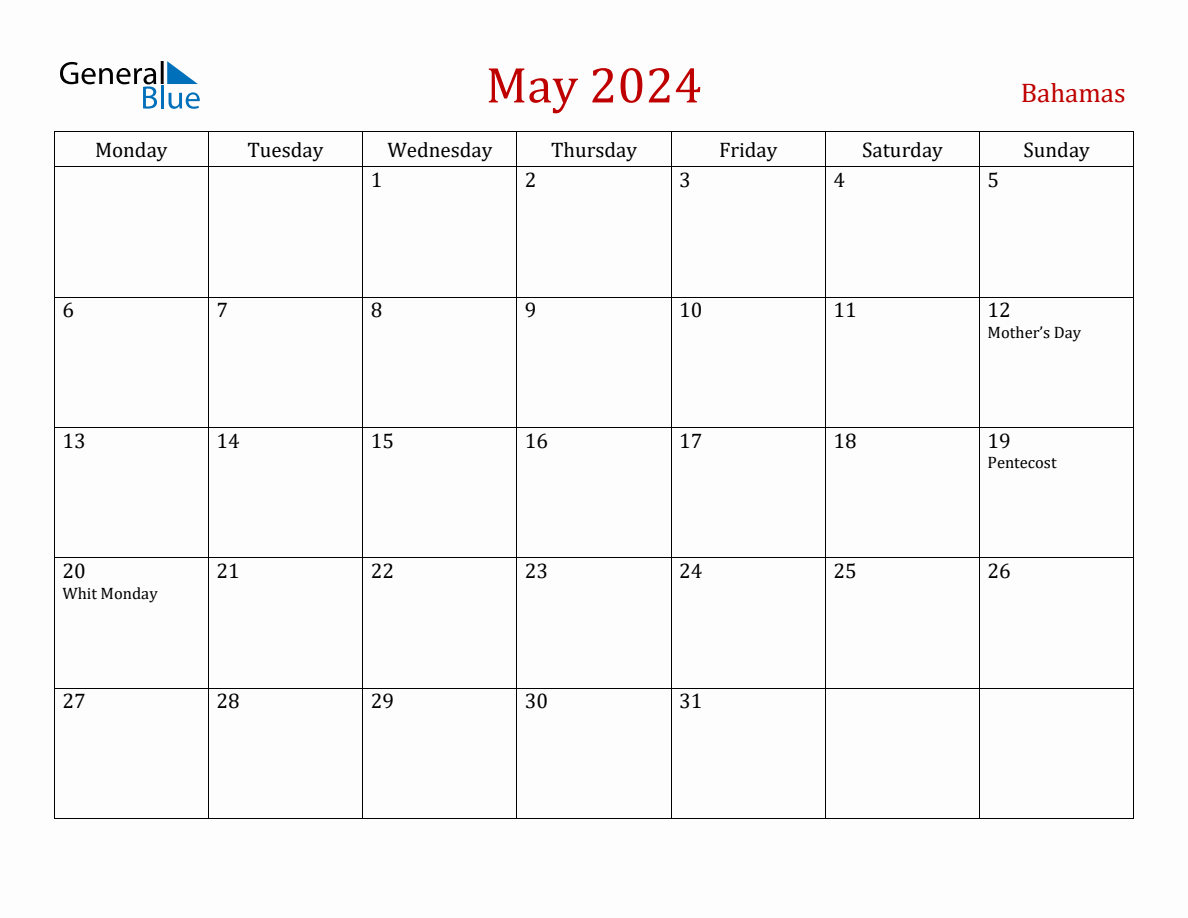 May 2024 Bahamas Monthly Calendar with Holidays