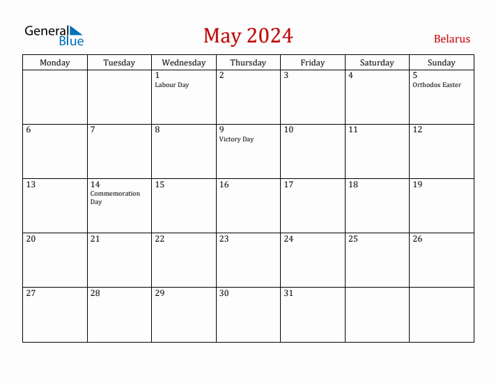 Belarus May 2024 Calendar - Monday Start
