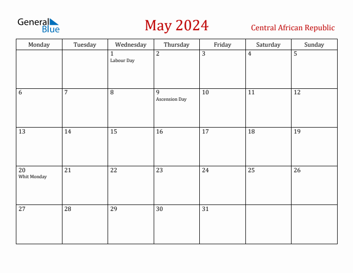 Central African Republic May 2024 Calendar - Monday Start