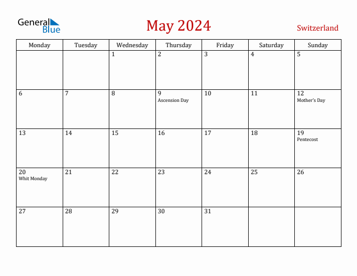 Switzerland May 2024 Calendar - Monday Start