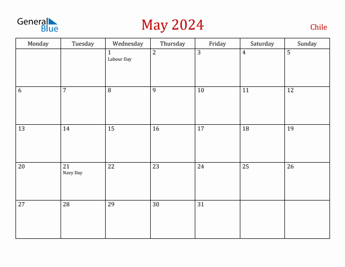 Chile May 2024 Calendar - Monday Start