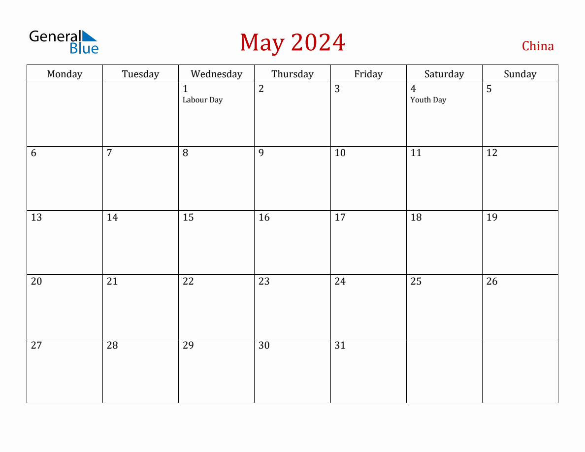 May 2024 China Monthly Calendar with Holidays