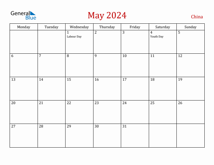 China May 2024 Calendar - Monday Start