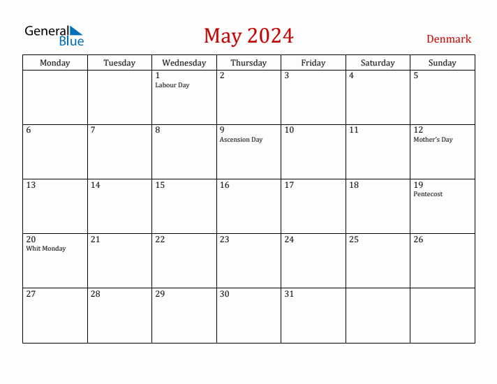 Denmark May 2024 Calendar - Monday Start