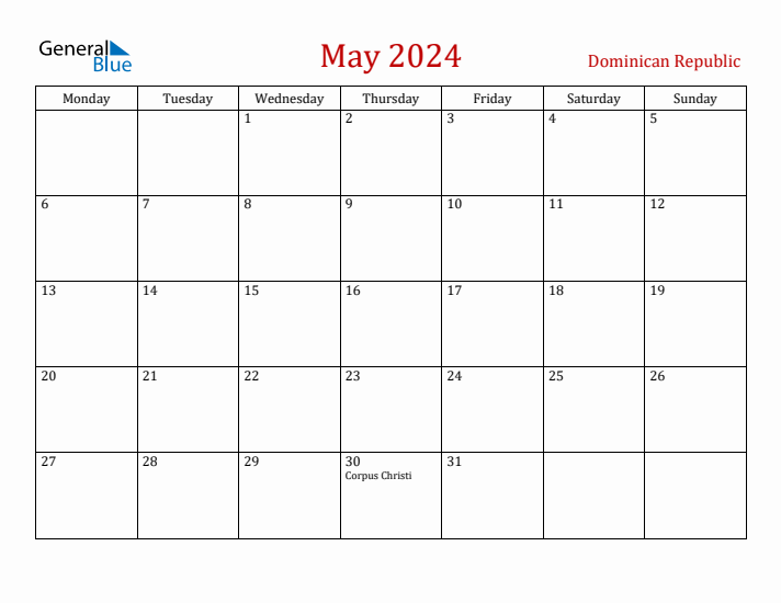 Dominican Republic May 2024 Calendar - Monday Start