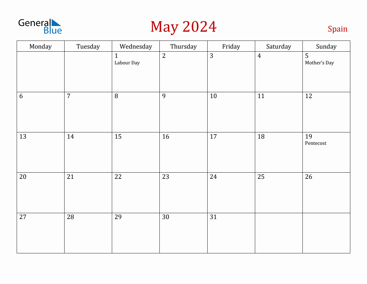 May 2024 Spain Monthly Calendar with Holidays