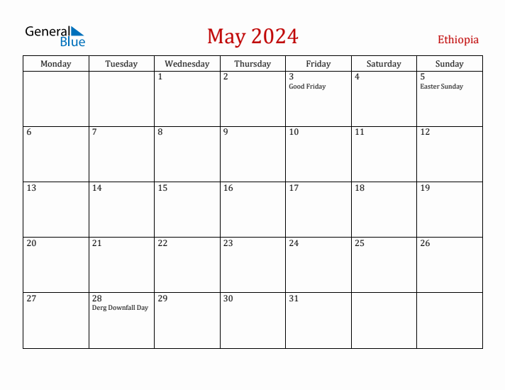 Ethiopia May 2024 Calendar - Monday Start