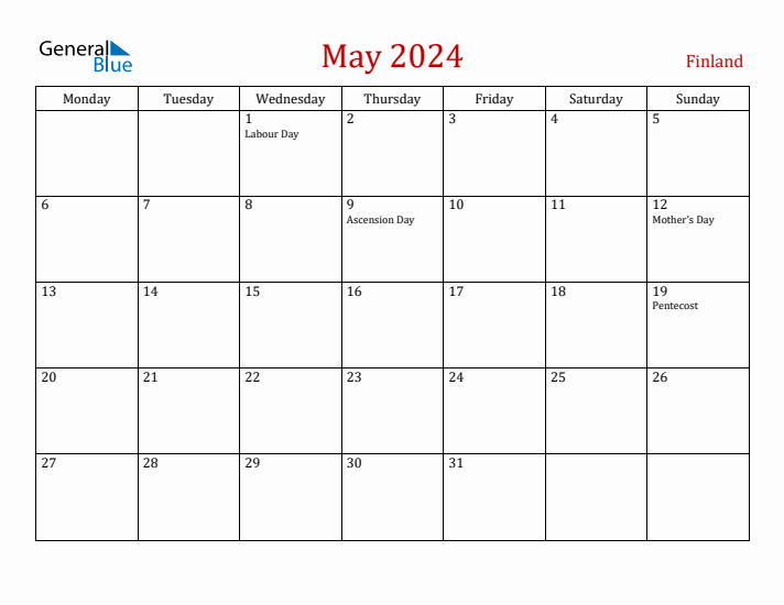 Finland May 2024 Calendar - Monday Start