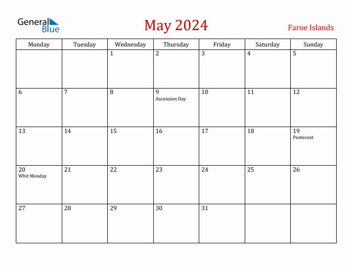 Faroe Islands May 2024 Calendar - Monday Start
