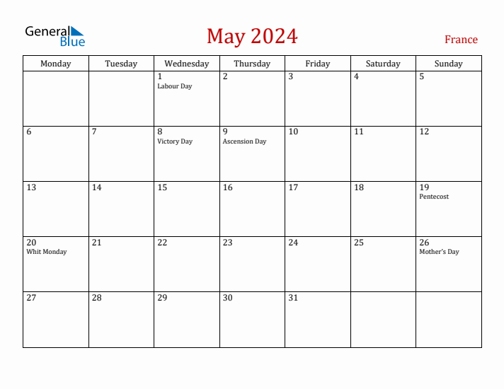 France May 2024 Calendar - Monday Start