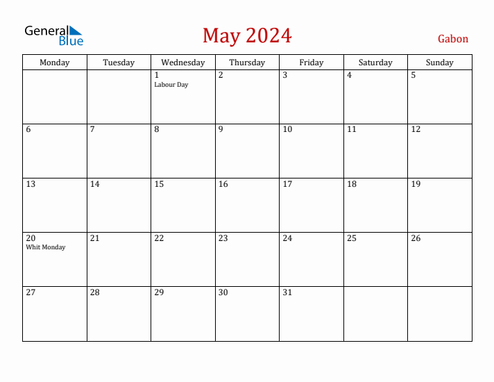 Gabon May 2024 Calendar - Monday Start