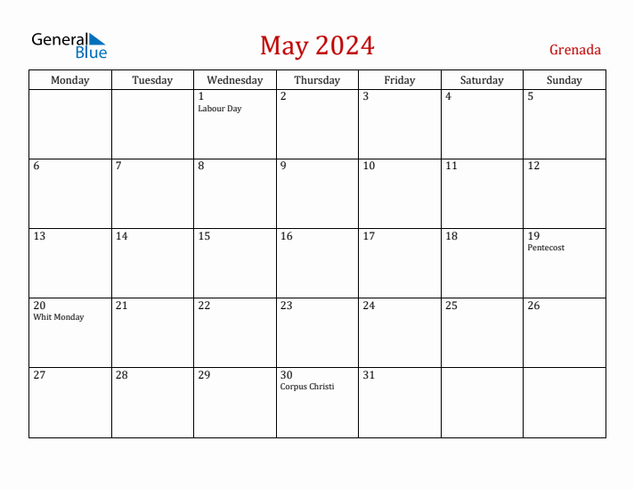 Grenada May 2024 Calendar - Monday Start