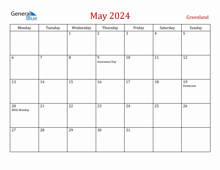 Greenland May 2024 Calendar - Monday Start