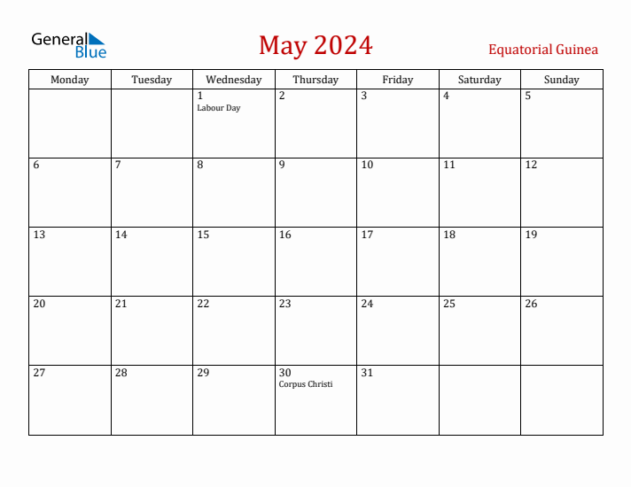 Equatorial Guinea May 2024 Calendar - Monday Start