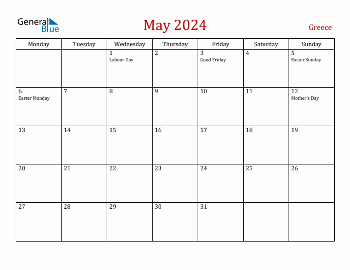 May 2024 Greece Monthly Calendar with Holidays