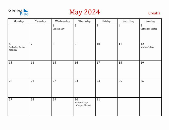 Croatia May 2024 Calendar - Monday Start