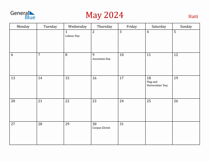 Haiti May 2024 Calendar - Monday Start