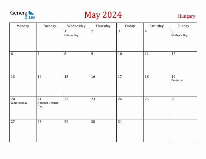 Hungary May 2024 Calendar - Monday Start