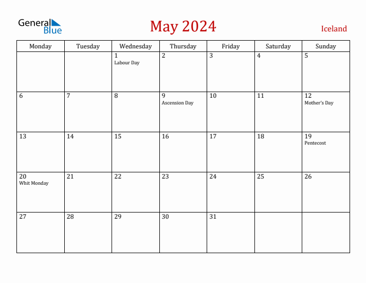 Iceland May 2024 Calendar - Monday Start