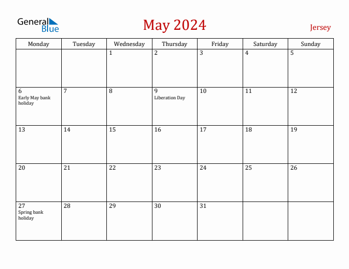 Jersey May 2024 Calendar - Monday Start