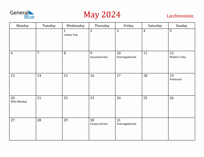 Liechtenstein May 2024 Calendar - Monday Start