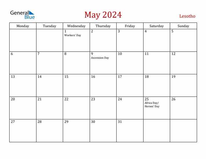 Lesotho May 2024 Calendar - Monday Start