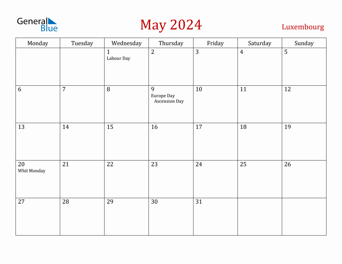 May 2024 Luxembourg Monthly Calendar with Holidays