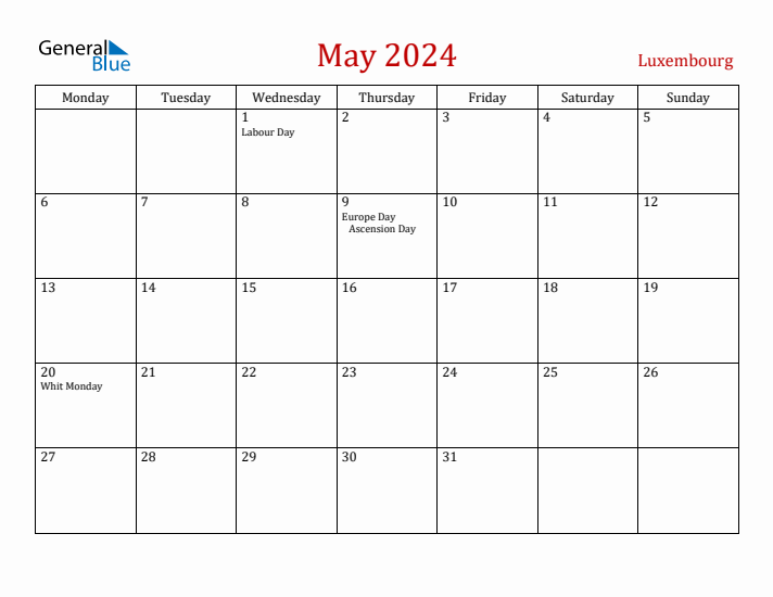 Luxembourg May 2024 Calendar - Monday Start