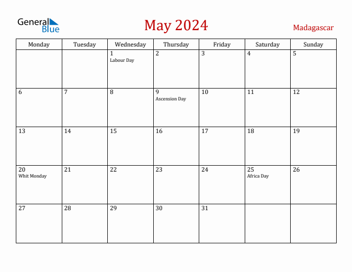 Madagascar May 2024 Calendar - Monday Start