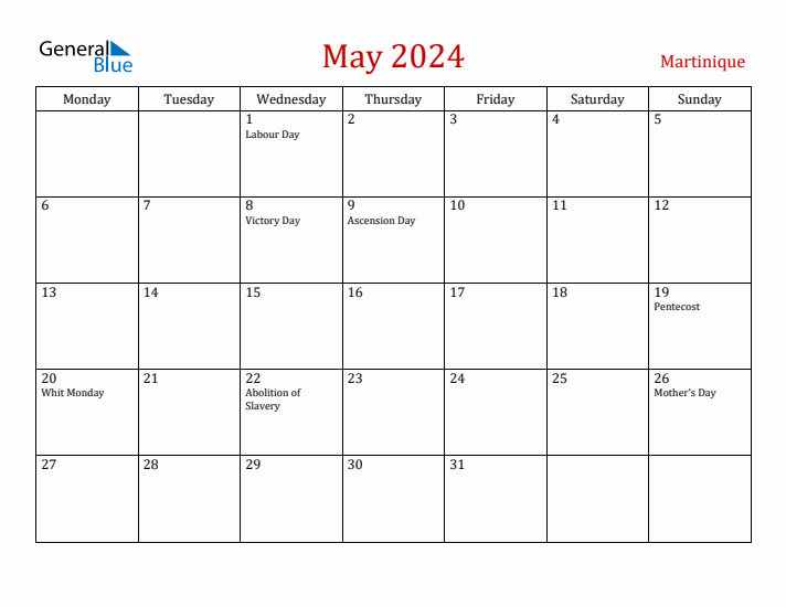 Martinique May 2024 Calendar - Monday Start