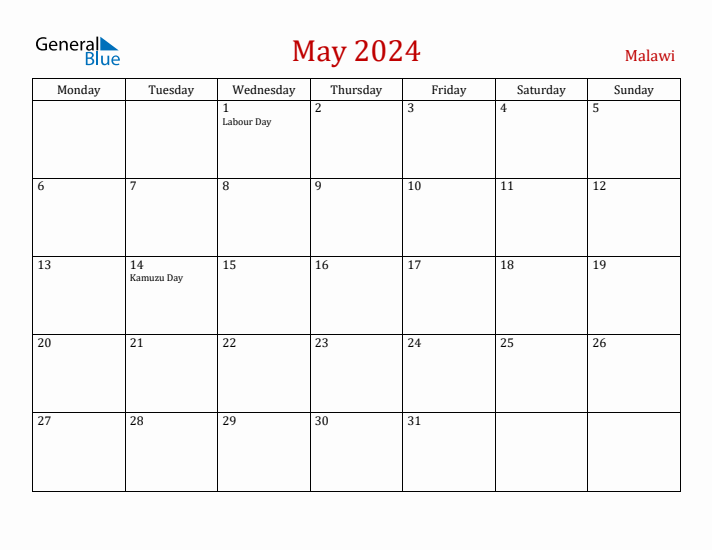 Malawi May 2024 Calendar - Monday Start