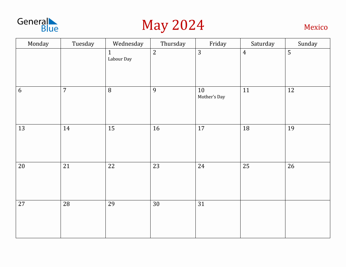 May 2024 Mexico Monthly Calendar with Holidays