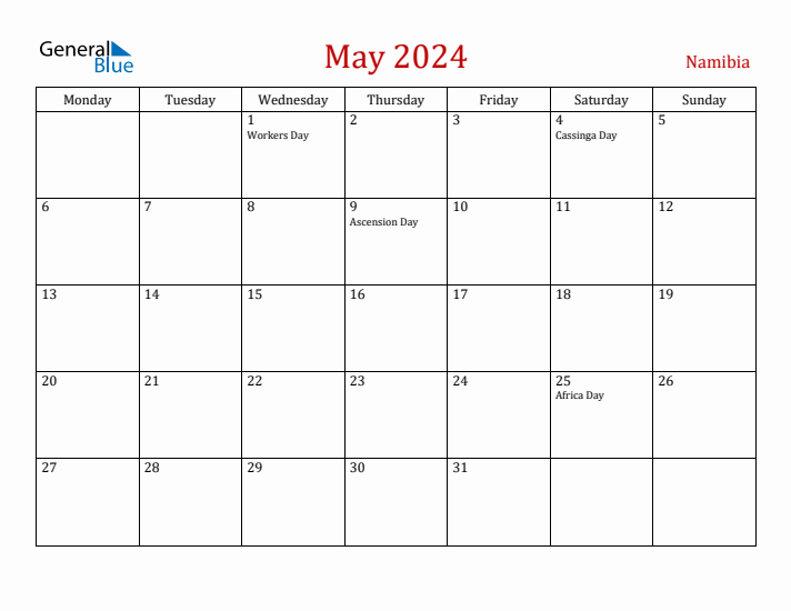 Namibia May 2024 Calendar - Monday Start