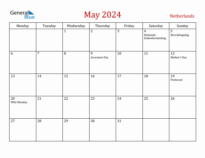The Netherlands May 2024 Calendar - Monday Start