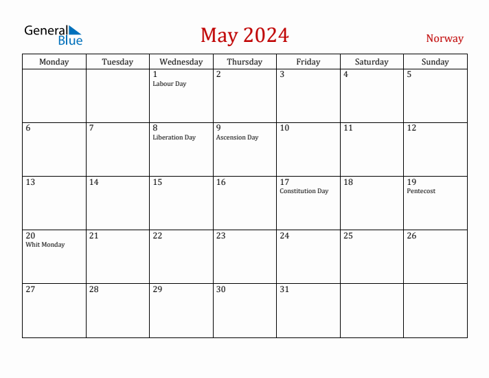 Norway May 2024 Calendar - Monday Start