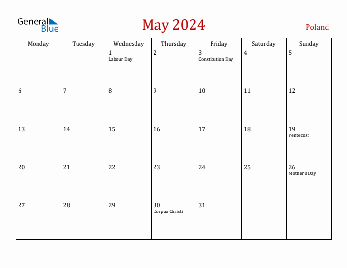 Poland May 2024 Calendar - Monday Start