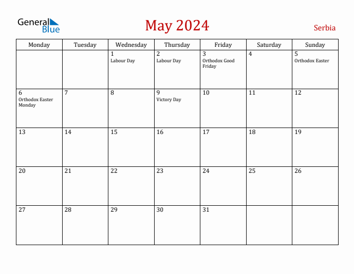 Serbia May 2024 Calendar - Monday Start