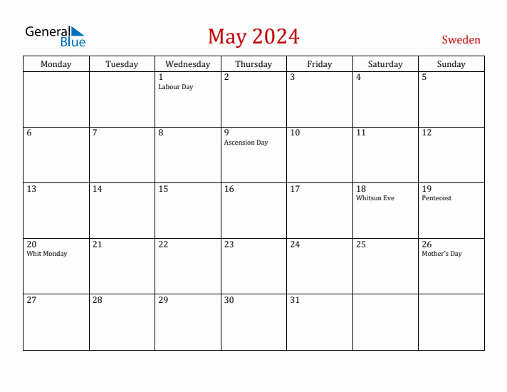 Sweden May 2024 Calendar - Monday Start