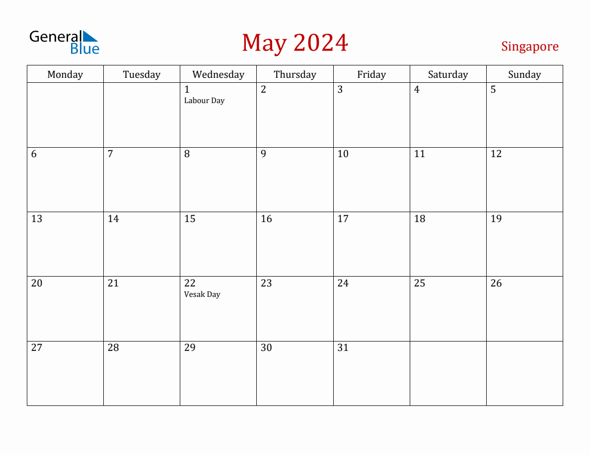 May 2024 Singapore Monthly Calendar with Holidays