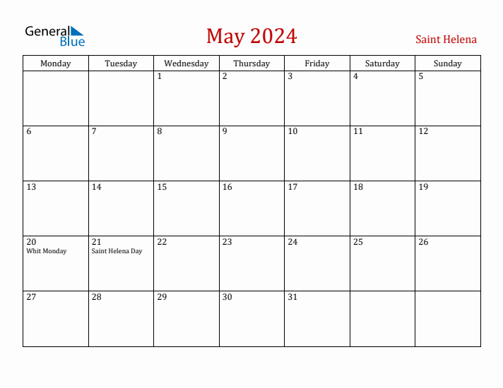 Saint Helena May 2024 Calendar - Monday Start
