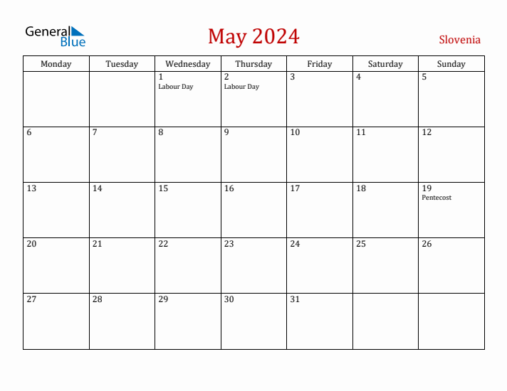 Slovenia May 2024 Calendar - Monday Start