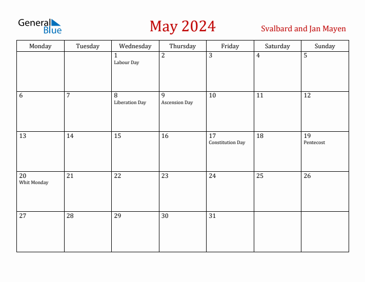 Svalbard and Jan Mayen May 2024 Calendar - Monday Start
