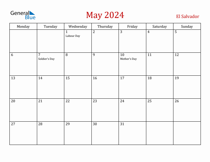El Salvador May 2024 Calendar - Monday Start