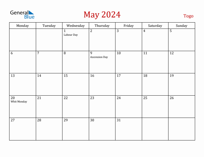 Togo May 2024 Calendar - Monday Start