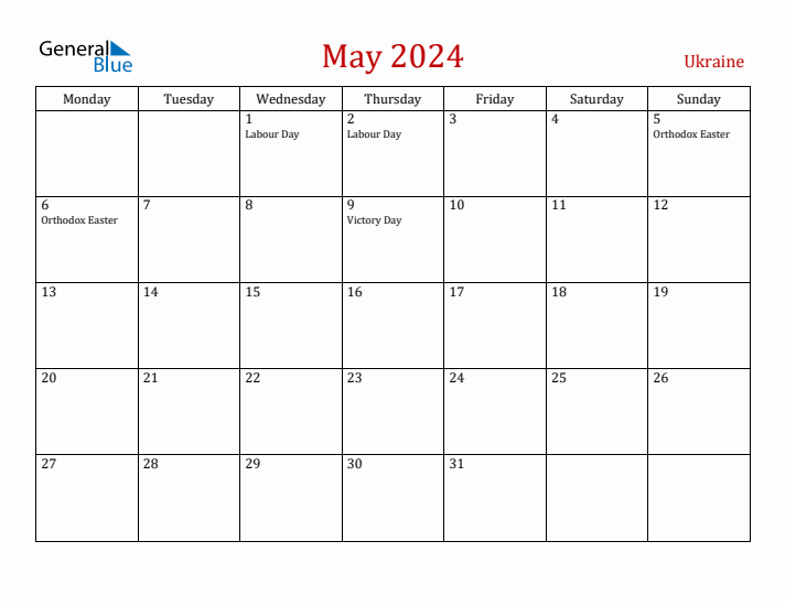 Ukraine May 2024 Calendar - Monday Start