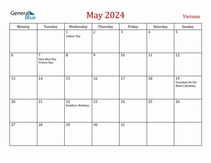 Vietnam May 2024 Calendar - Monday Start