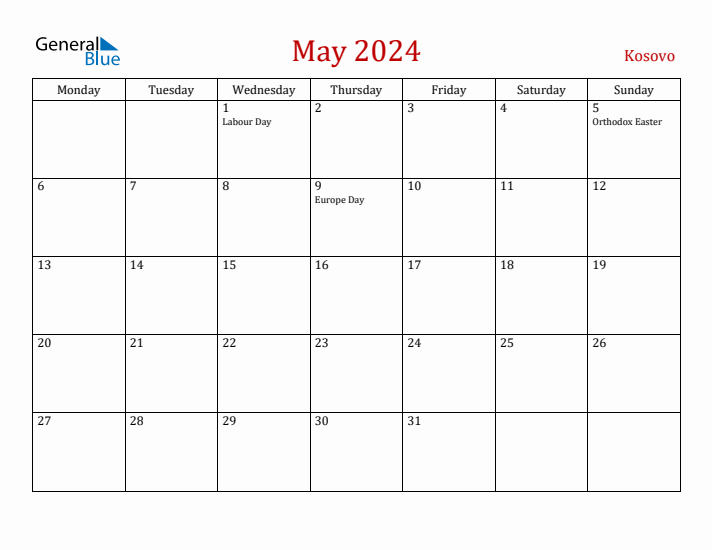 Kosovo May 2024 Calendar - Monday Start